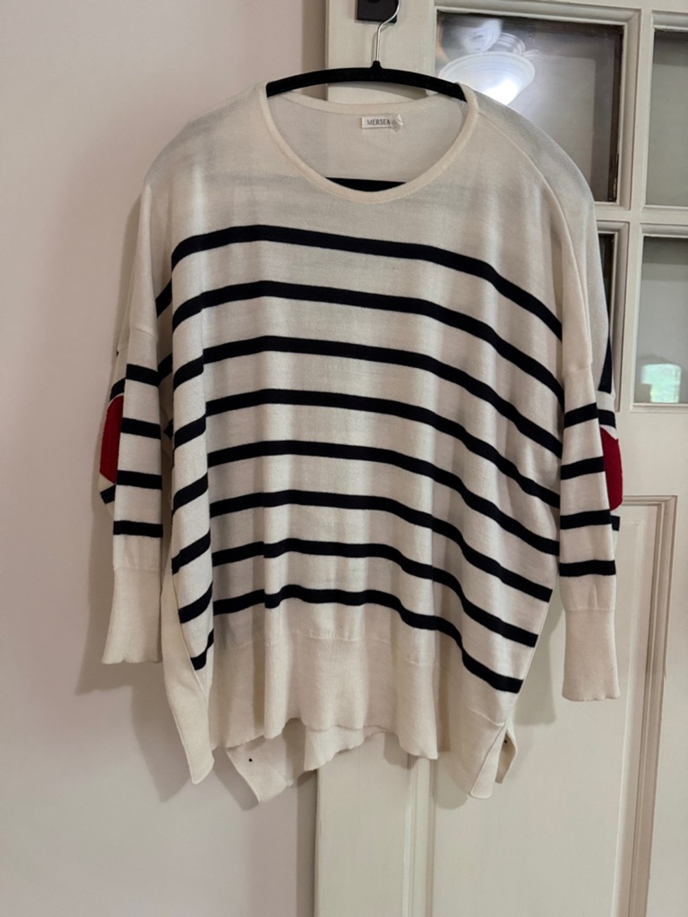 Mersey Striped Crewneck Sweater in Cream & Navy with Red Elbow Patches